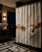 Luxury dark bathroom with black and white checkered marble flooring, black cabinetry with gold trim, and a humorous marble-look shower curtain.