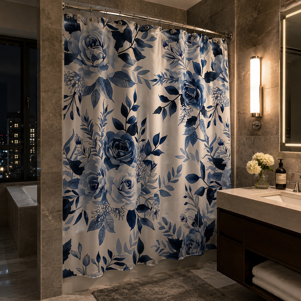 Luxury bathroom with marble tile and warm lighting, featuring a white shower curtain with an elegant blue botanical rose pattern.