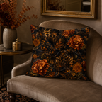 A luxury moody floral and leopard print decorative pillow styled on a curved taupe velvet lounge chair, set against a warm neutral wall with a gold framed mirror and a floral arrangement.