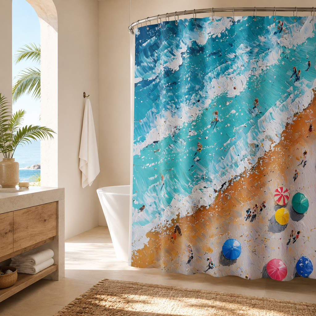 A vibrant textured oil painting shower curtain showcasing a beach bird-eye view, styled next to a white bathtub in a luxury bathroom overlooking the sea.