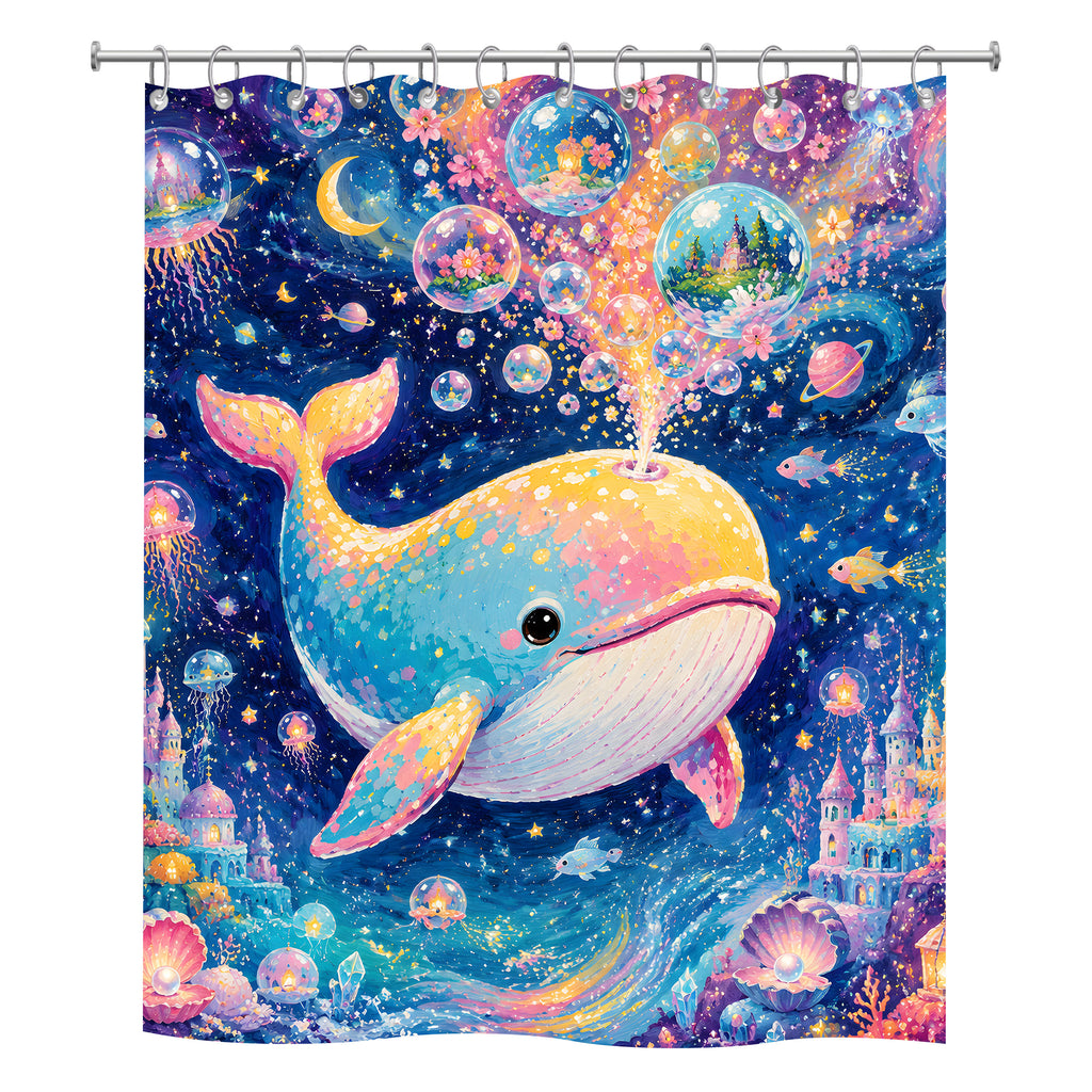 A square polyester shower curtain isolated on a pure white background, featuring a vibrant fantasy scene of a rainbow whale spouting glowing magic bubbles, surrounded by stars, moons, jellyfish, and underwater castles.