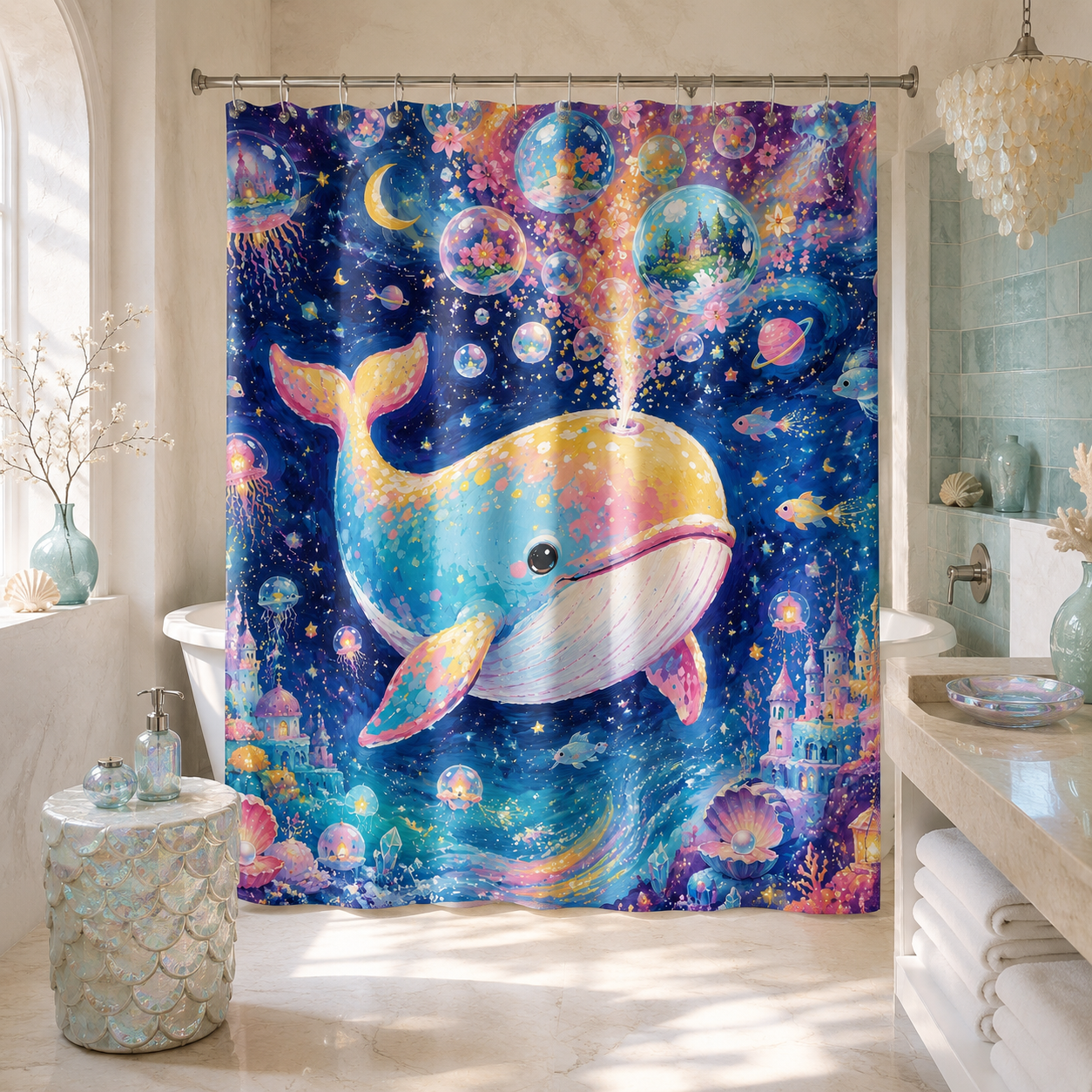 A colorful magical galaxy whale shower curtain hanging in a cozy, coastal-inspired bathroom with iridescent tile accents, shell decor, and soft white towels on a marble vanity.