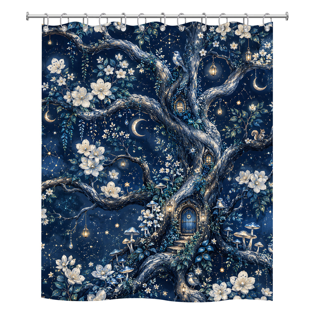A square polyester shower curtain isolated on a white background, featuring a magical midnight scene of a giant ancient tree with a tiny glowing door, hanging lanterns, stars, and white blossoms.
