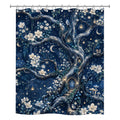 A square polyester shower curtain isolated on a white background, featuring a magical midnight scene of a giant ancient tree with a tiny glowing door, hanging lanterns, stars, and white blossoms.