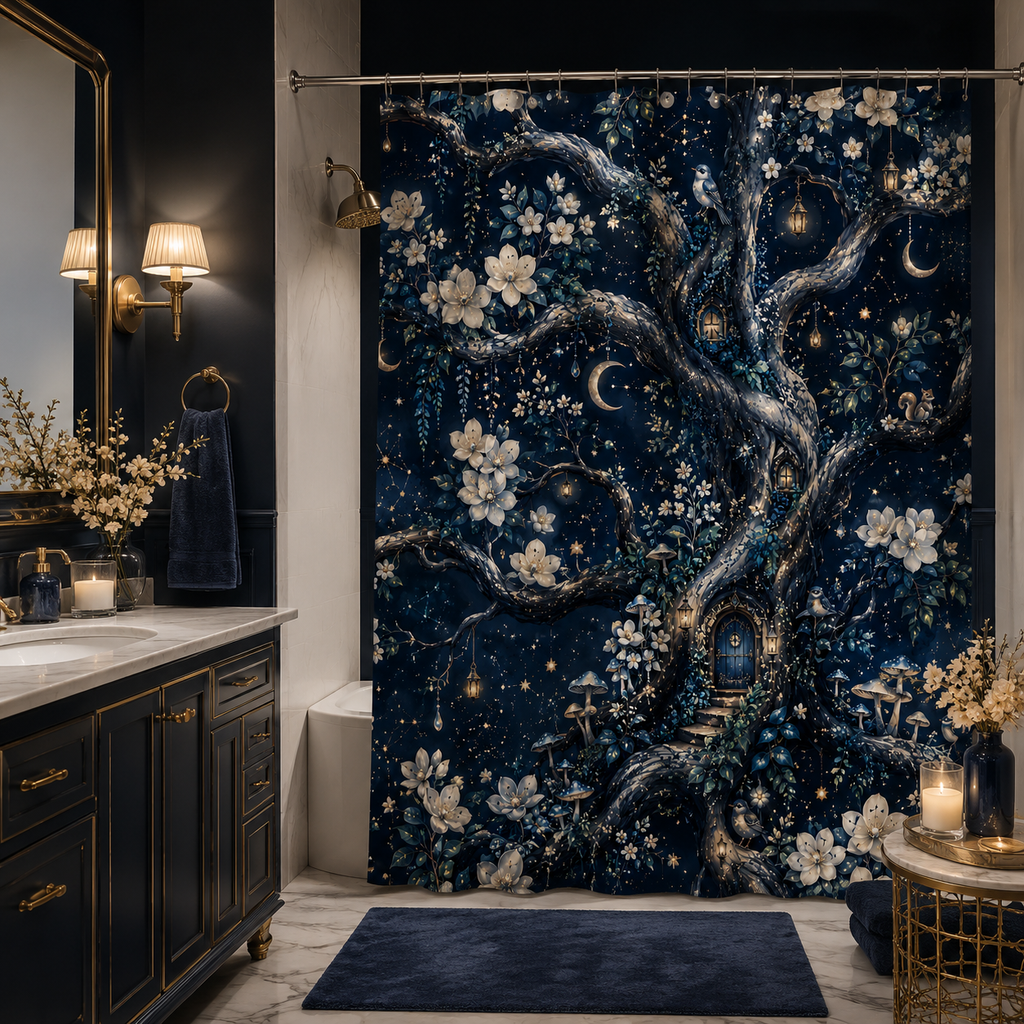 An enchanting navy blue fairy treehouse shower curtain installed in a luxury dark blue bathroom, featuring brass fixtures, marble countertops, glowing candles, and a navy bath mat.