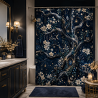 An enchanting navy blue fairy treehouse shower curtain installed in a luxury dark blue bathroom, featuring brass fixtures, marble countertops, glowing candles, and a navy bath mat.