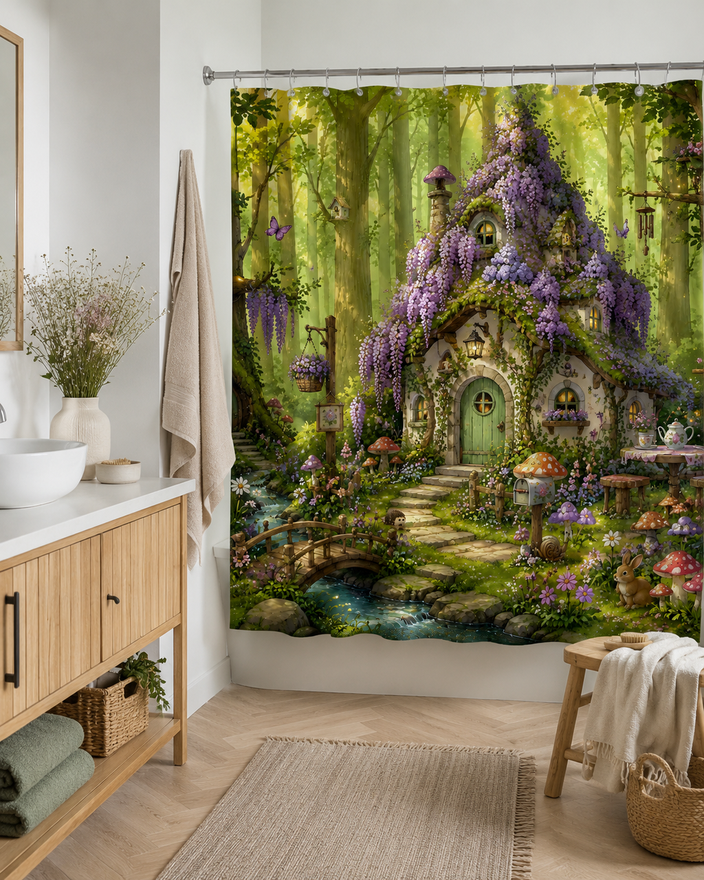 A magical wisteria fairy cottage shower curtain in a bright modern bathroom, featuring natural wood vanity, clean white sink, woven baskets, and a small wooden stool with towels.