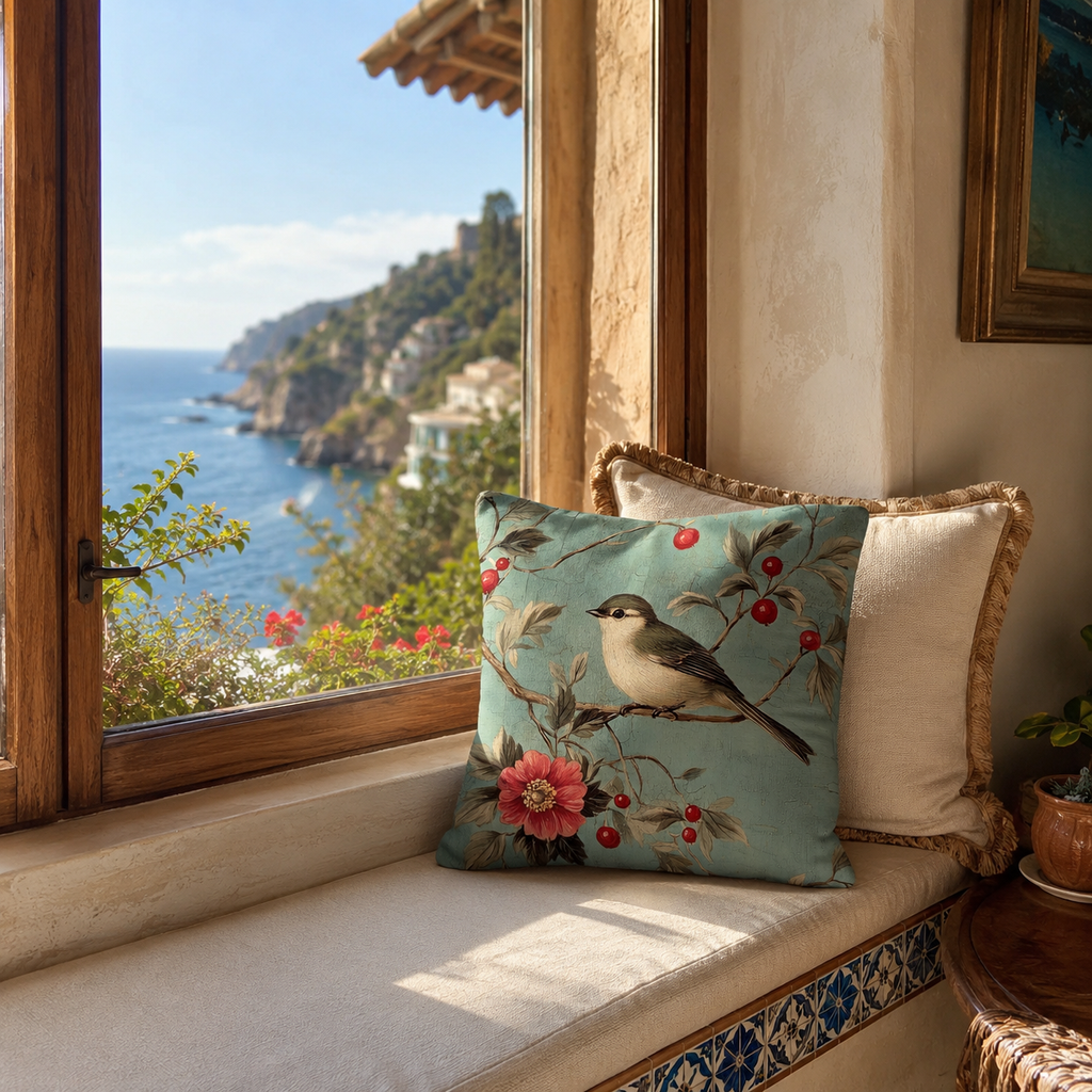 Mediterranean bird pillow cover beside a sunlit coastal window seat.