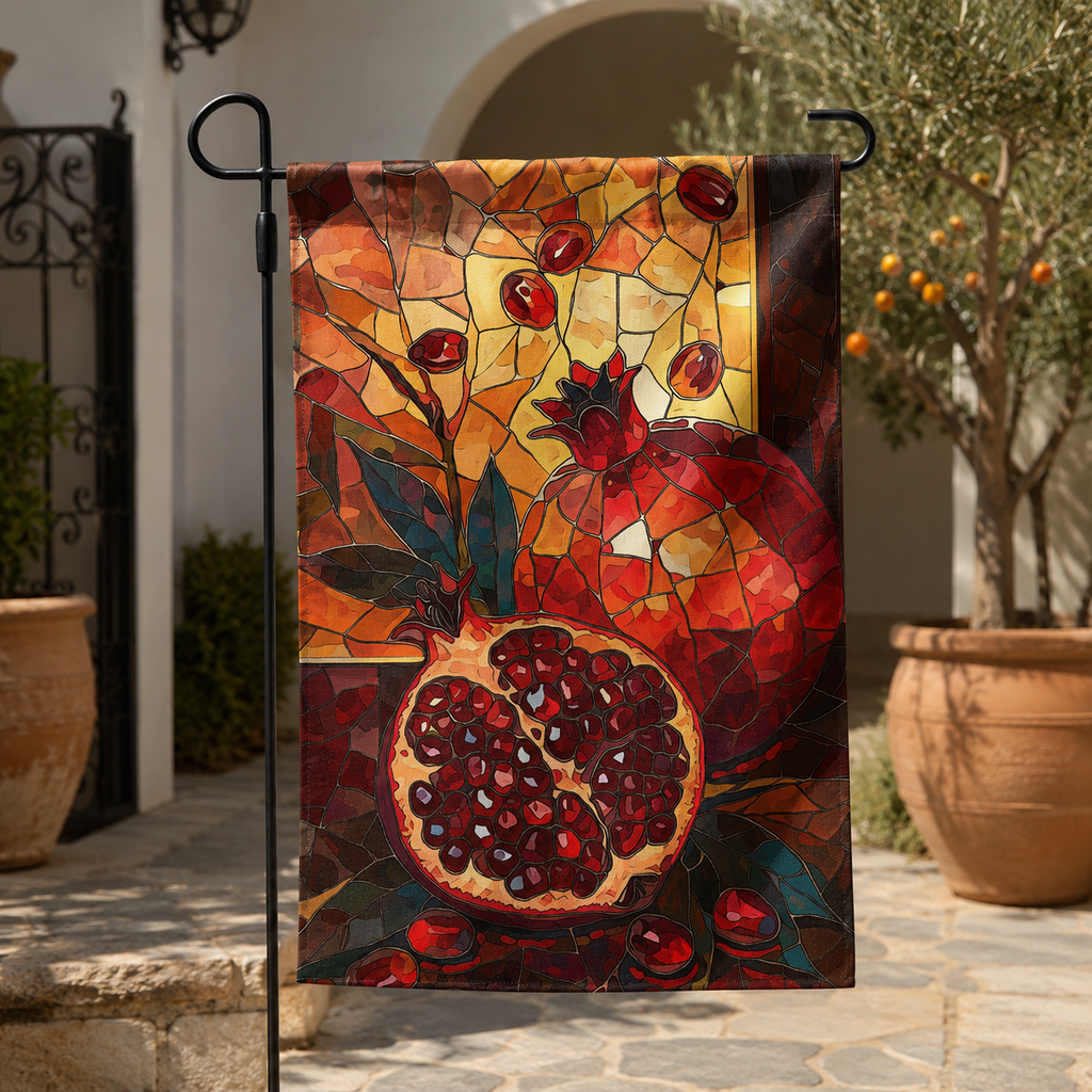 Mosaic-style pomegranate garden flag displayed beside a Mediterranean courtyard with warm earthy tones.