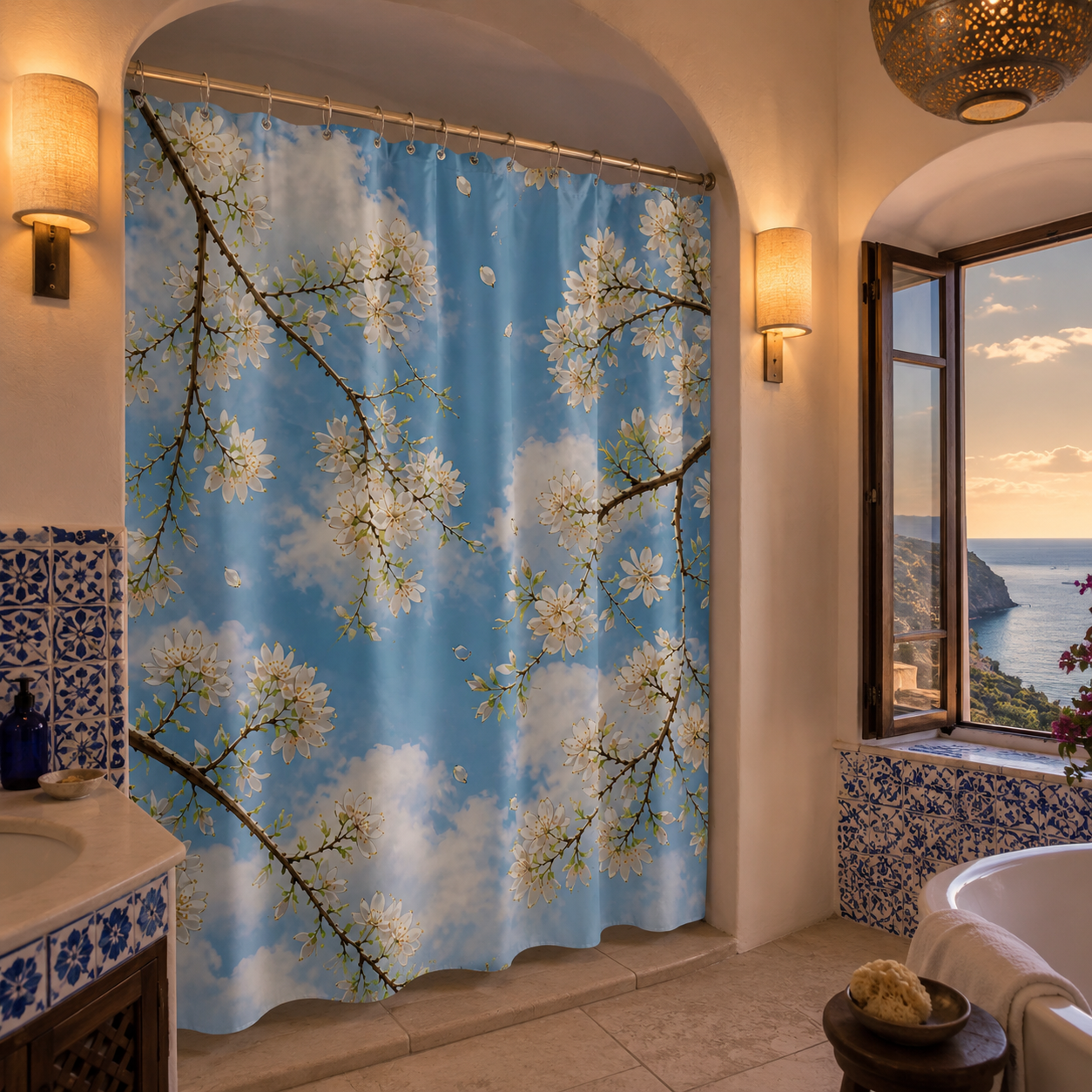 Mediterranean-style bathroom with blue patterned tiles and an open window overlooking the ocean, decorated with a blue sky and white flower shower curtain.