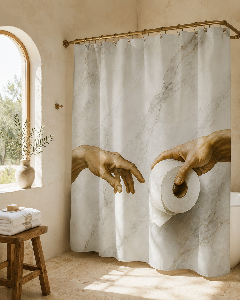 Serene Mediterranean or Wabi-Sabi style bathroom with textured beige walls, an arched window, and a funny Creation of Adam toilet paper shower curtain.