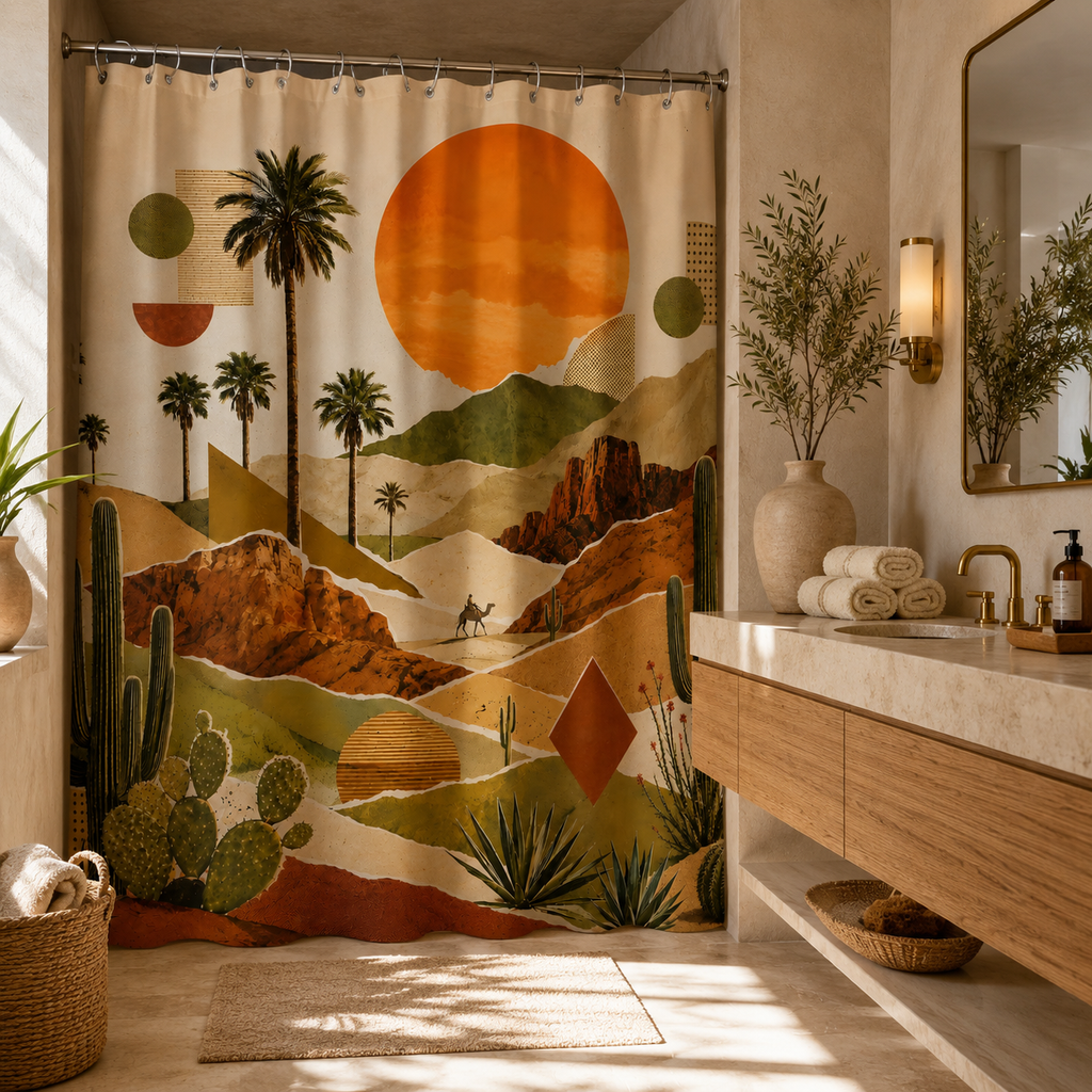 Mid-century modern desert collage shower curtain hanging in a bright bathroom with a light wood and marble vanity.