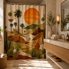 Mid-century modern desert collage shower curtain hanging in a bright bathroom with a light wood and marble vanity.