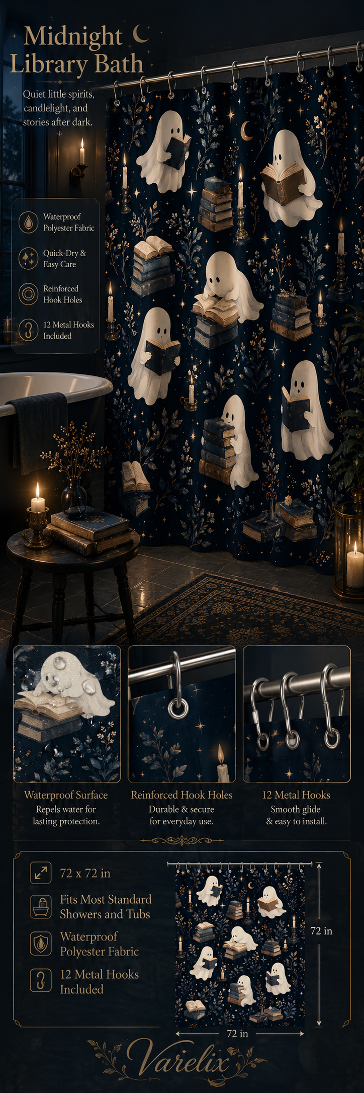 Detailed product infographic for a midnight library themed shower curtain, showcasing its waterproof surface and metal grommet details.