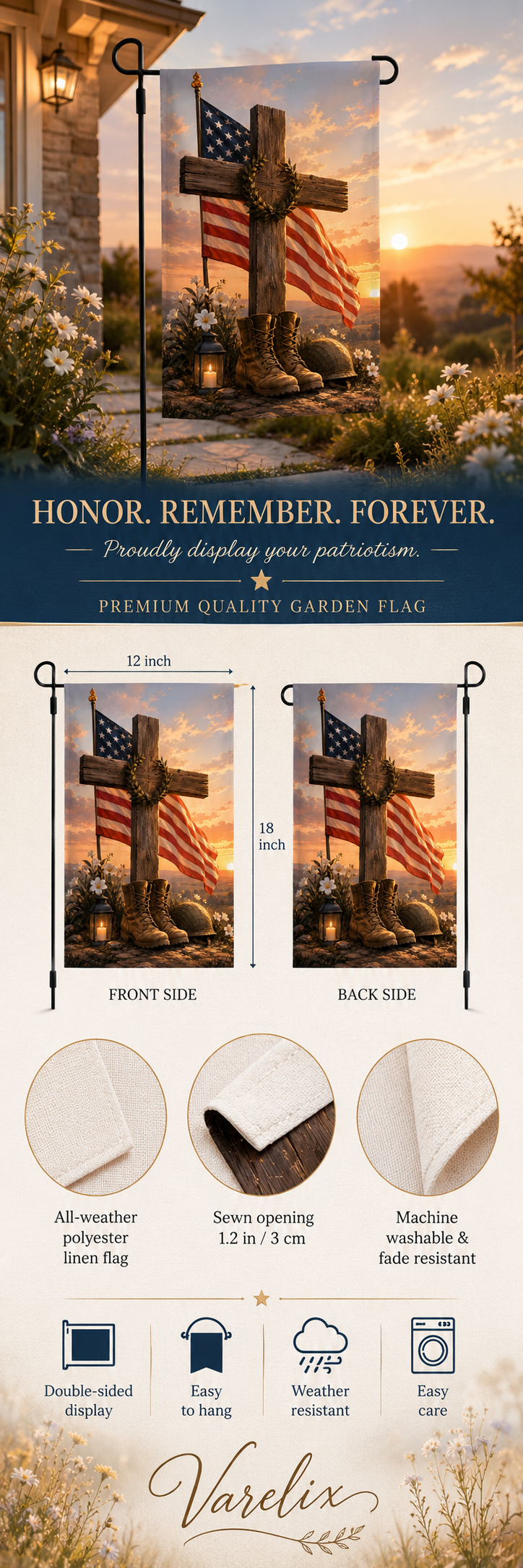 Varelix premium double-sided 12 by 18 inch military memorial garden flag infographic with material detail closeups.
