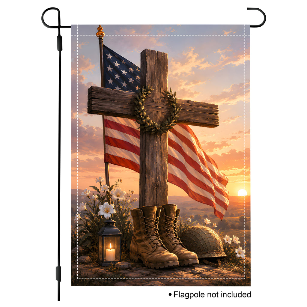 Standalone vertical product mockup of a military tribute garden flag with a flagpole not included disclaimer on a white background.