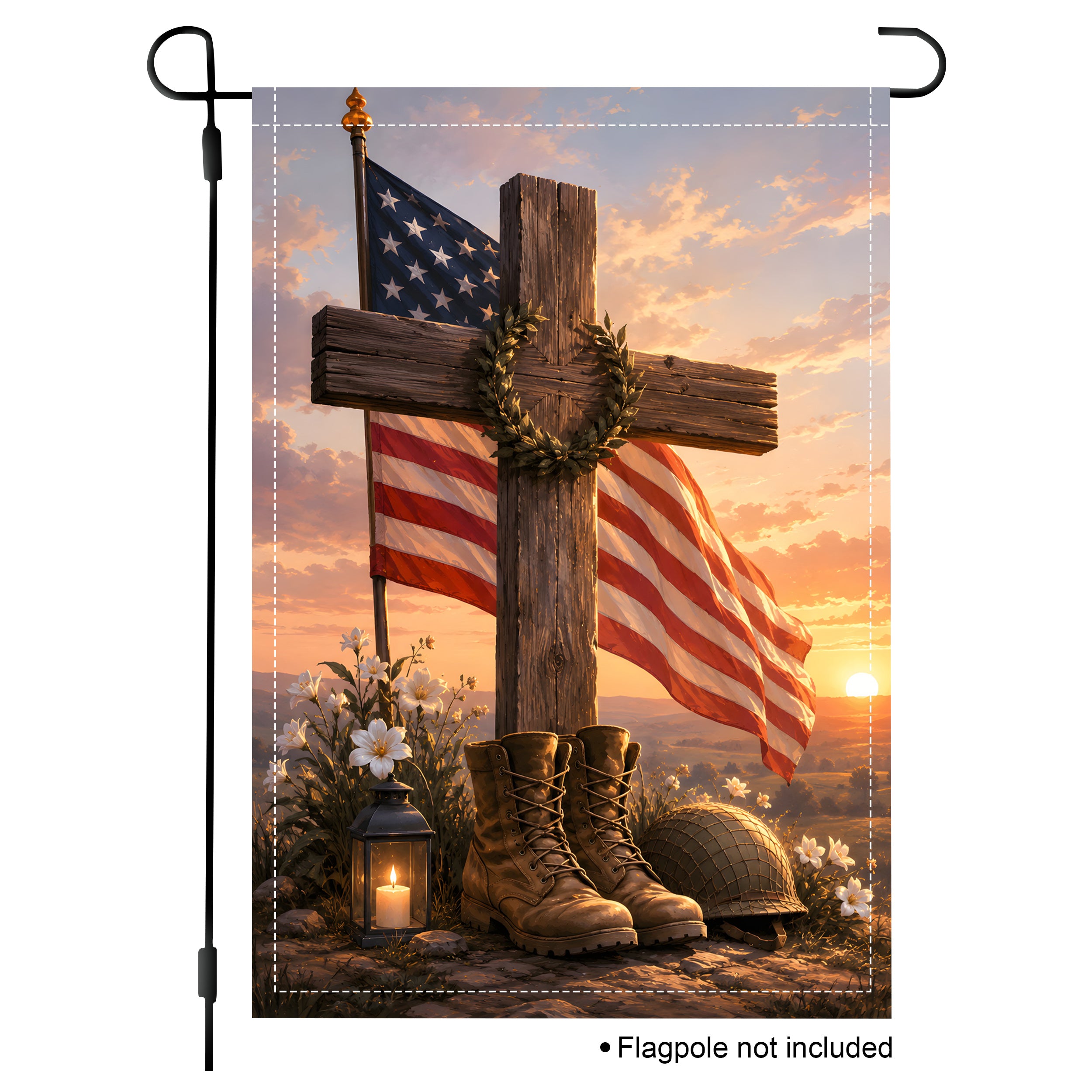 Standalone vertical product mockup of a military tribute garden flag with a flagpole not included disclaimer on a white background.