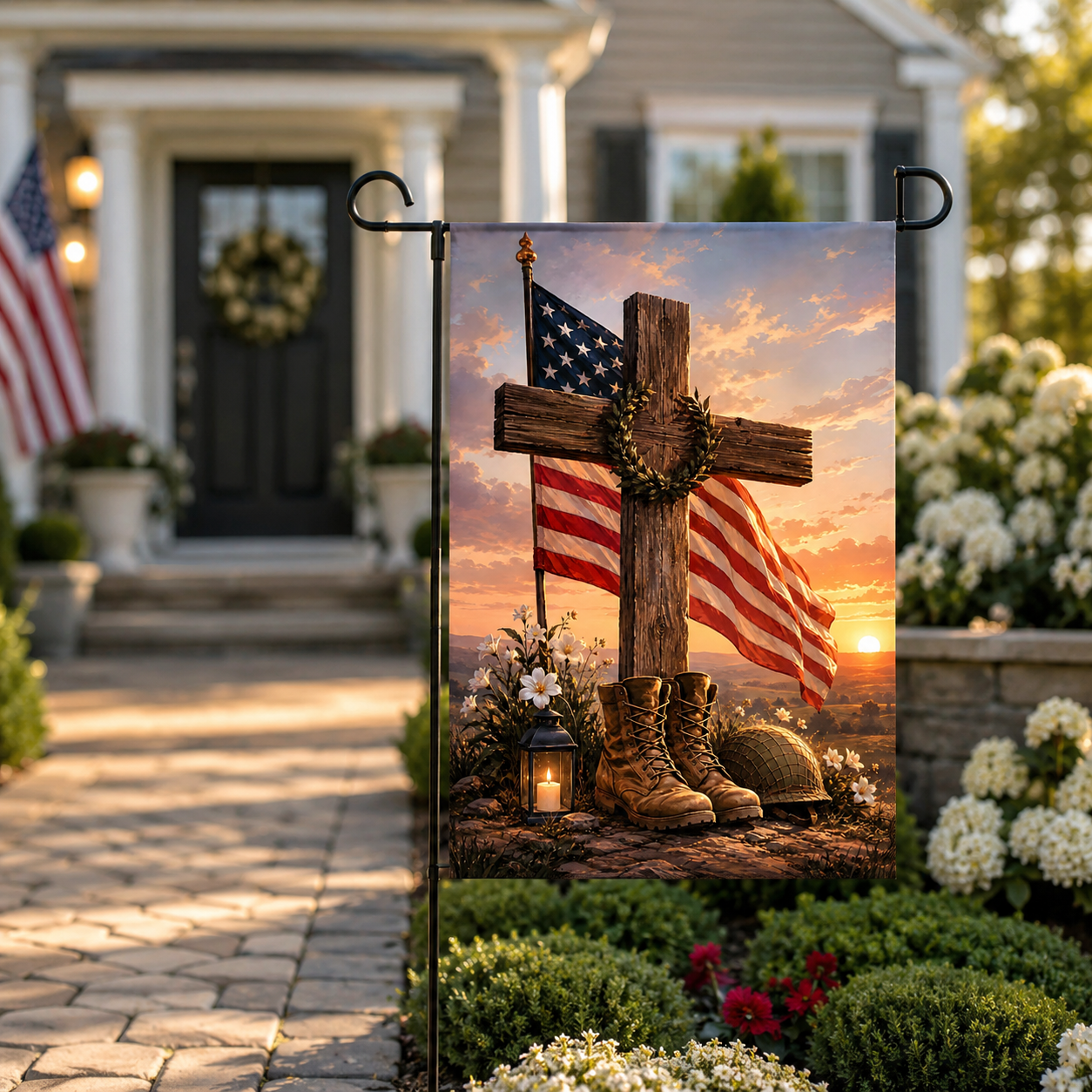 Soldier tribute garden flag with a wooden cross, stars and stripes, and military boots standing along a stone paver walkway in front of a house.