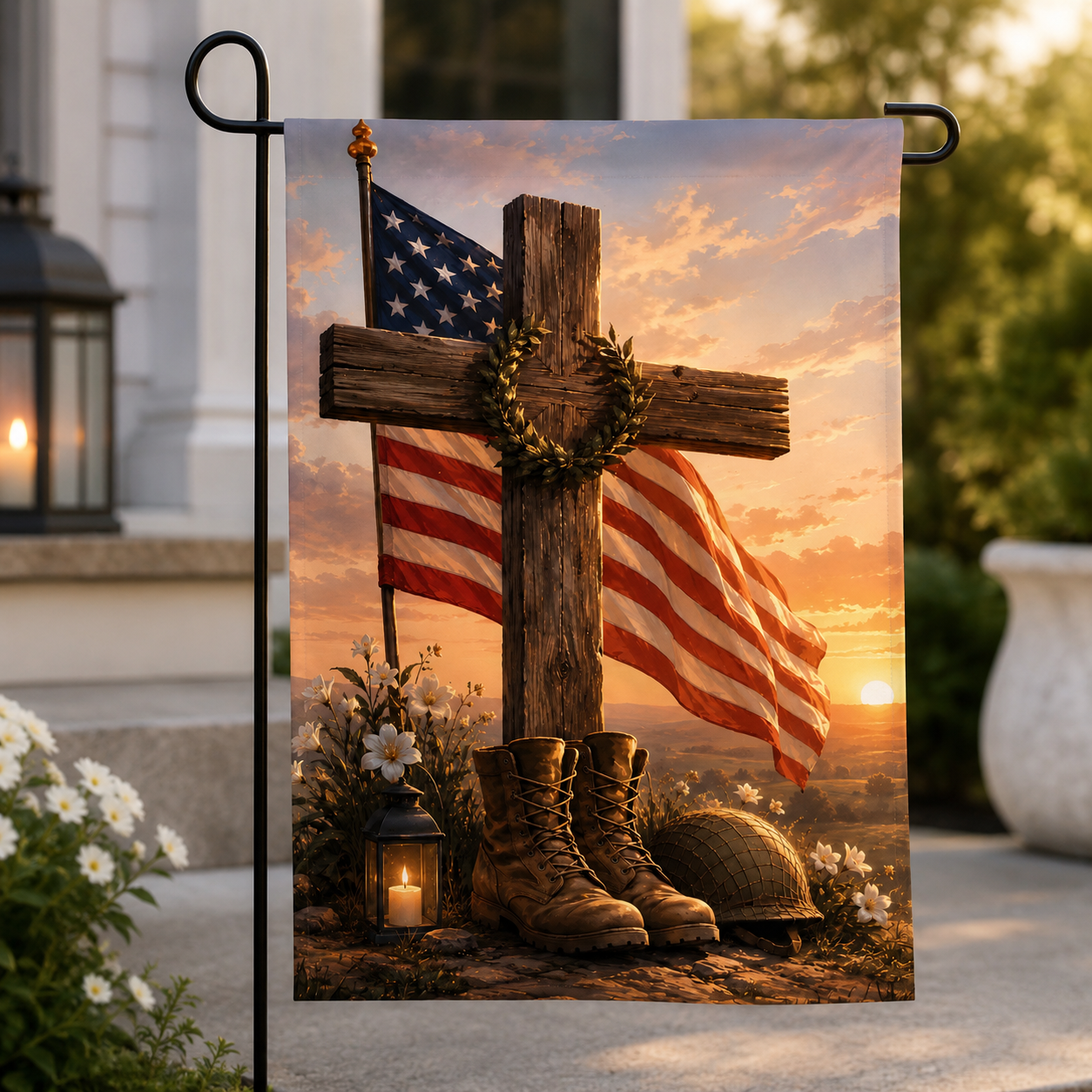 Patriotic remembrance garden flag on a black metal stand next to a concrete porch with white flowers.