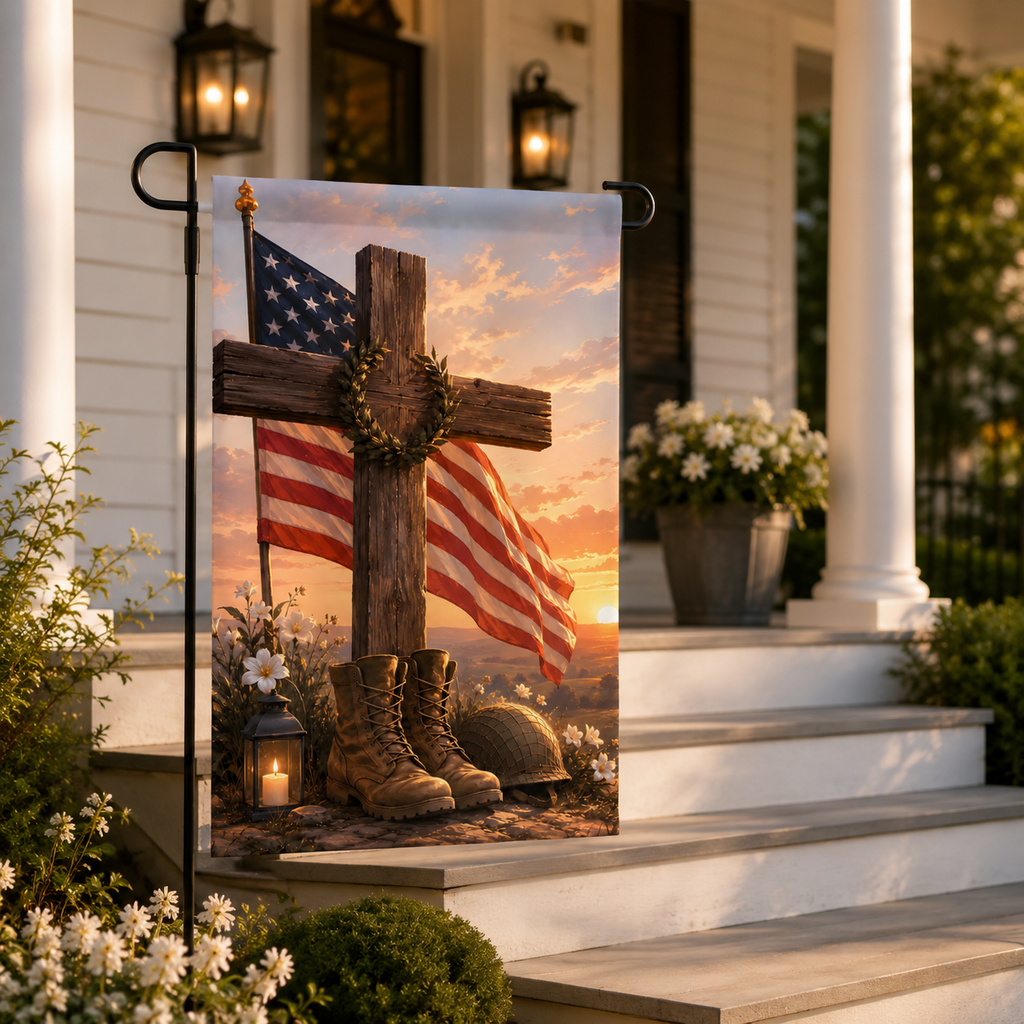 Patriotic military memorial garden flag featuring a wooden cross, American flag, combat boots, and a helmet displayed by white porch steps.