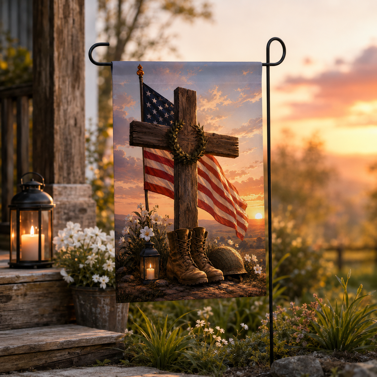 Fallen soldier honor garden flag with a draped American flag over a wooden cross and combat boots against a bright sunset background.