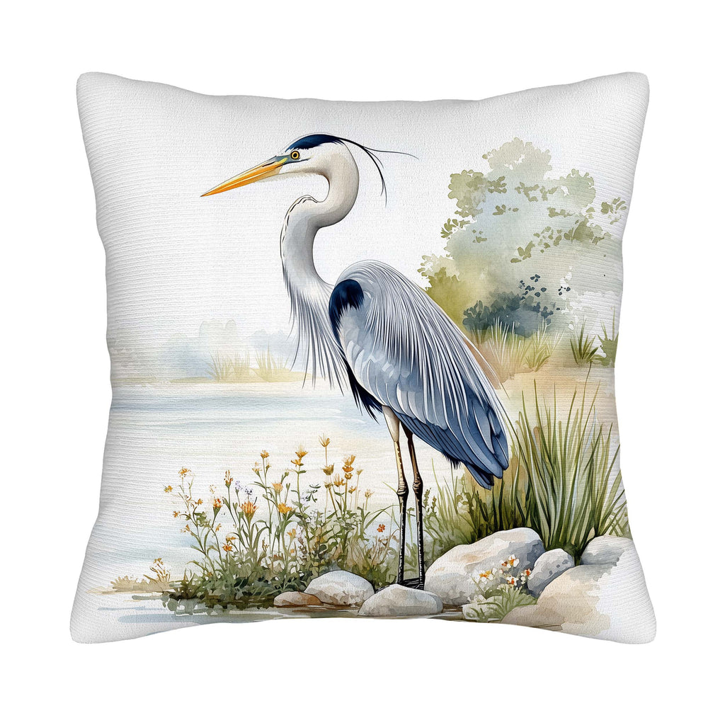 Minimalist heron pillow cover featuring elegant watercolor bird artwork on white fabric.