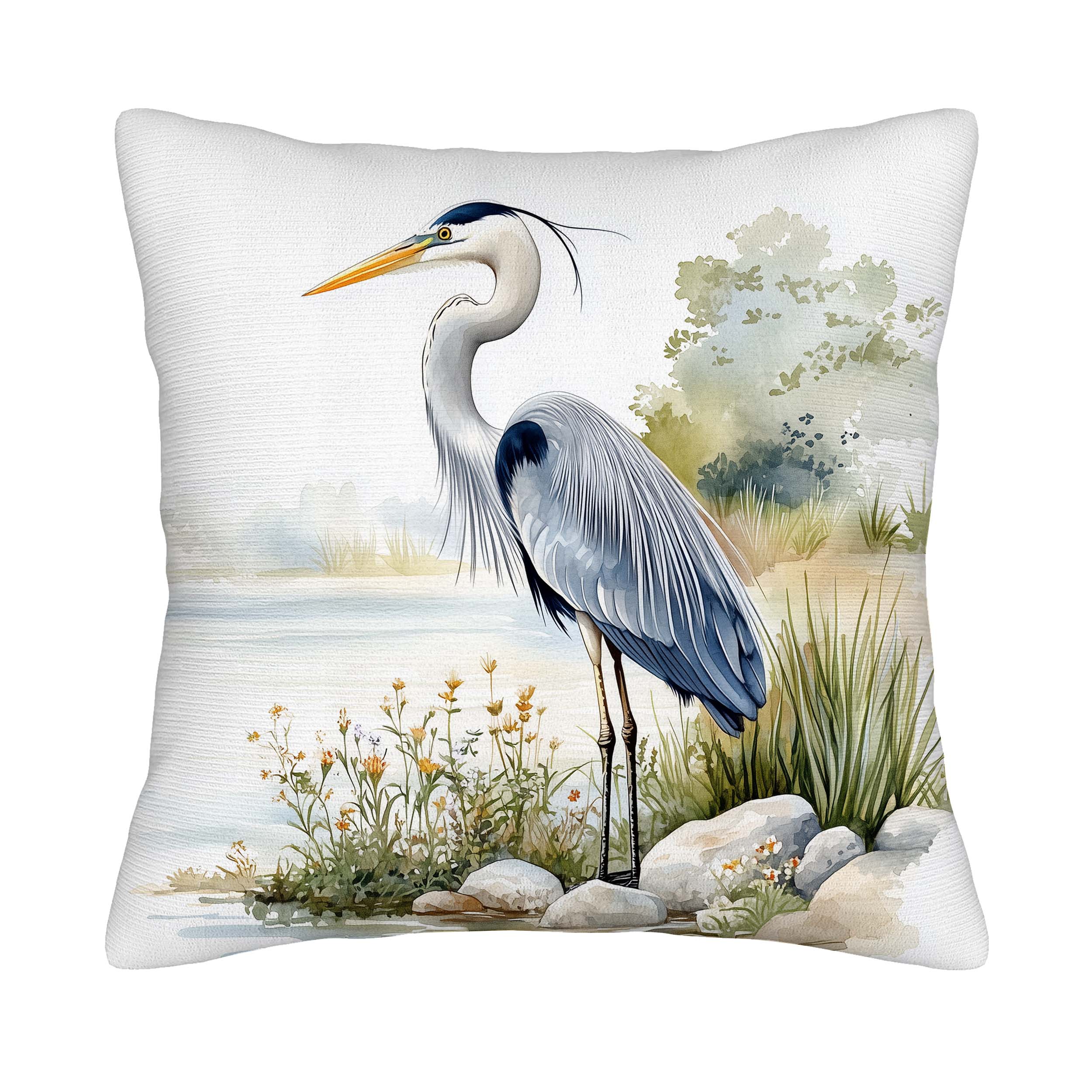 Minimalist heron pillow cover featuring elegant watercolor bird artwork on white fabric.