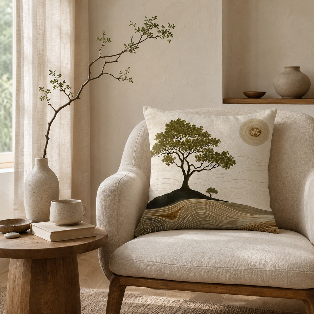 A zen-inspired scenic throw pillow with an artistic tree and warm sun design, arranged on a cozy beige armchair next to a wooden side table with a simple bud vase.