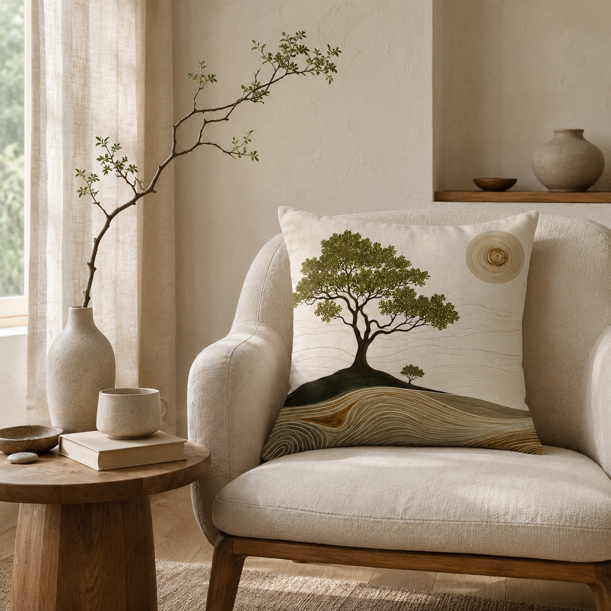 A zen-inspired scenic throw pillow with an artistic tree and warm sun design, arranged on a cozy beige armchair next to a wooden side table with a simple bud vase.