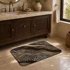 A stylish animal print doormat placed on a tiled floor in front of a rustic wooden bathroom vanity.
