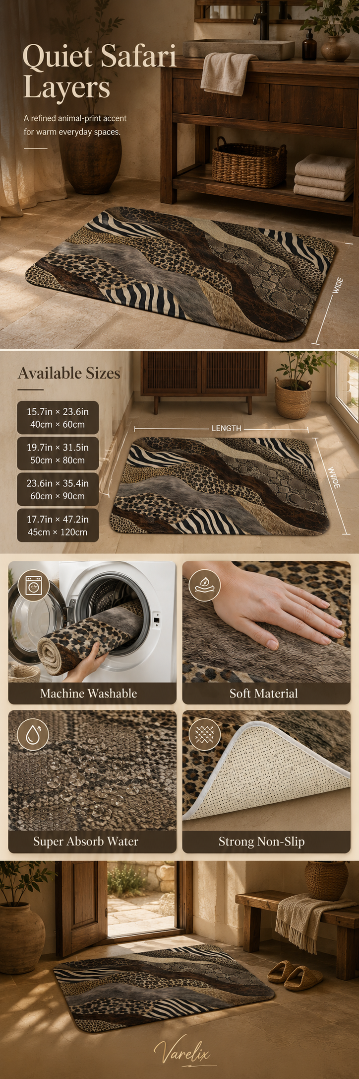 An infographic showing available sizes and features like machine washable and non-slip backing for the animal print doormat.