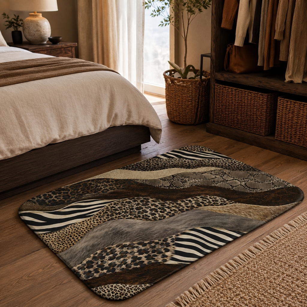 An exotic animal print accent doormat laid on a dark wood floor alongside a cozy neutral bedroom setup.