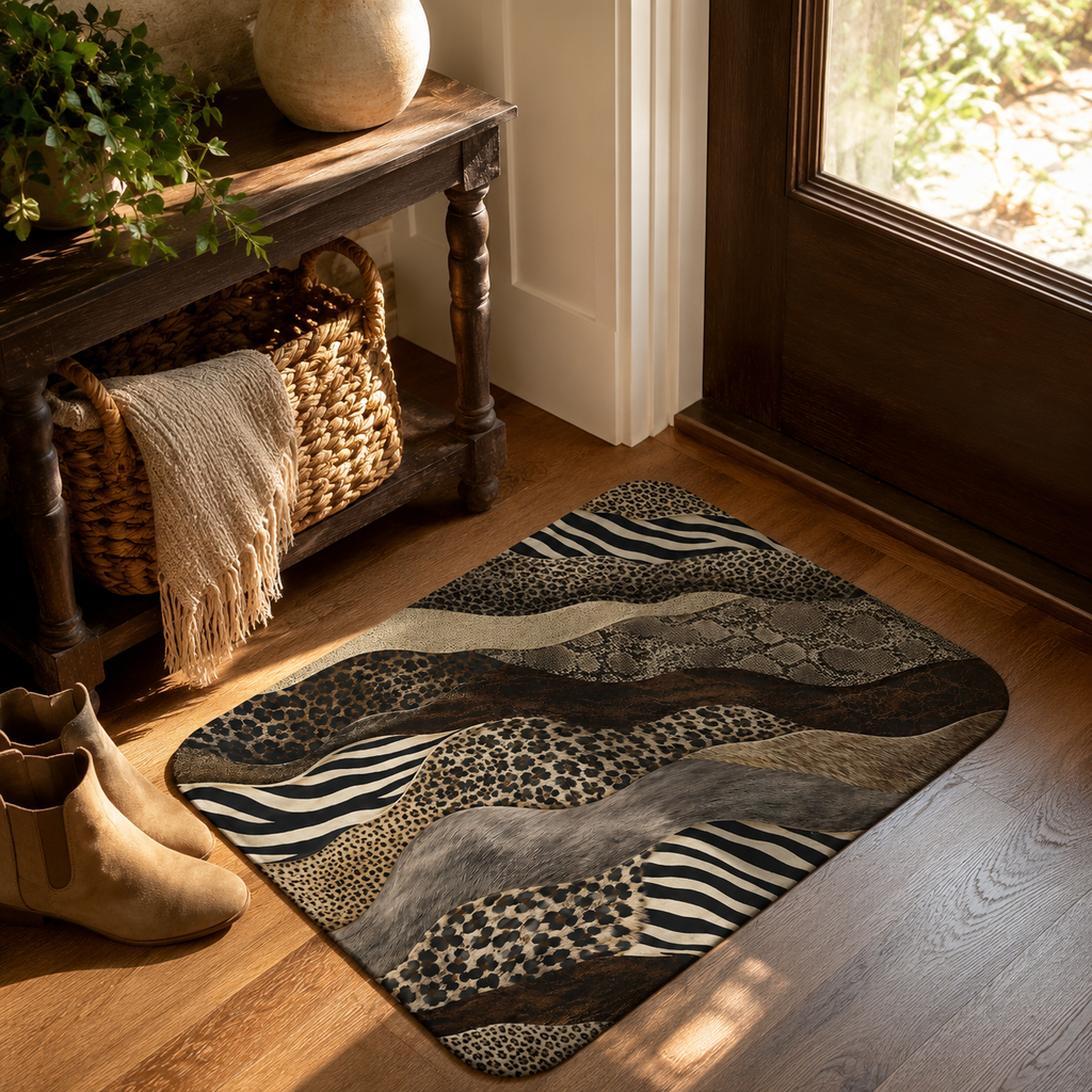 A safari-themed layered animal print doormat styling a wooden floor by a glass door entryway.