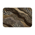A rectangular doormat showcasing wavy layers of wild safari animal prints including zebra, leopard, and snakeskin.