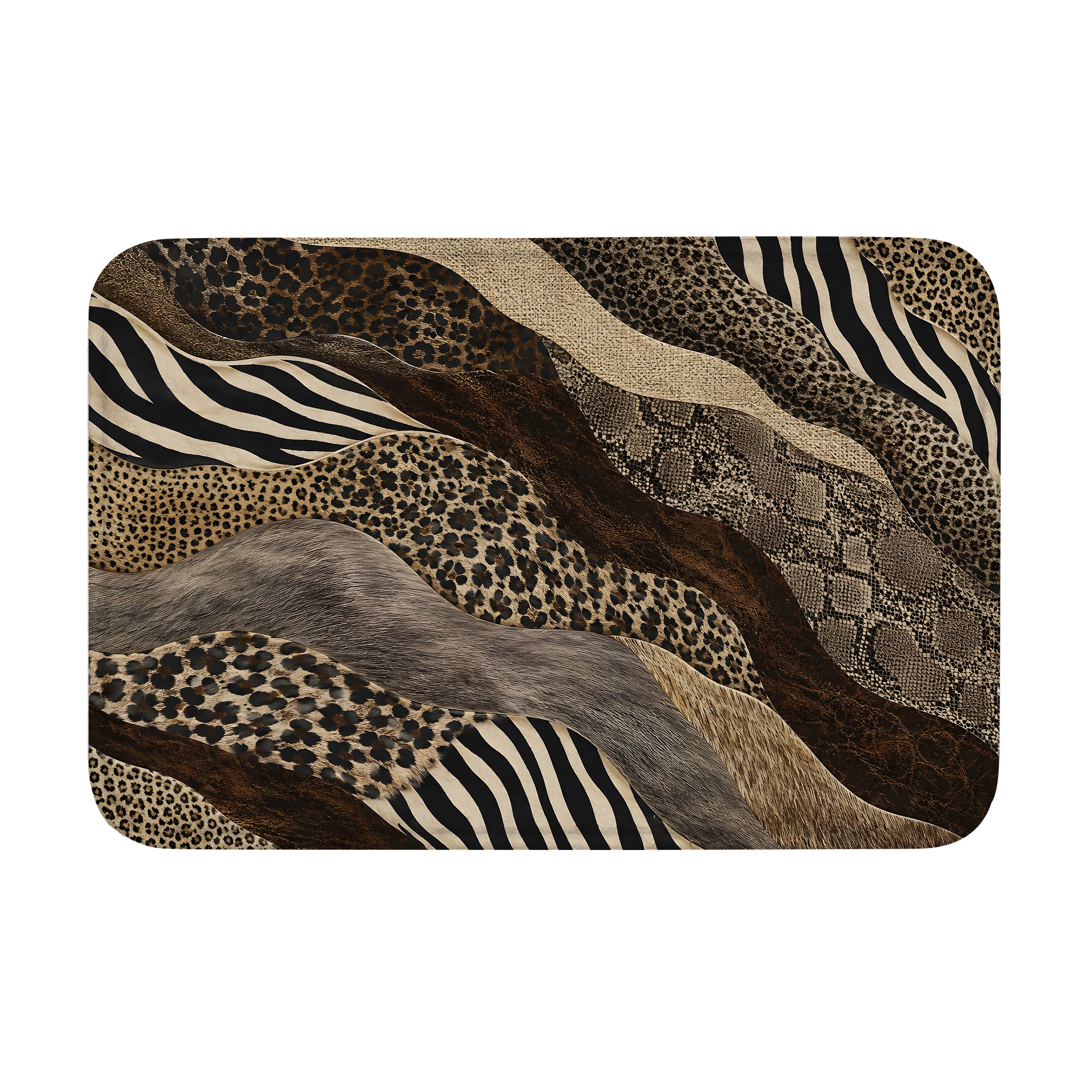 A rectangular doormat showcasing wavy layers of wild safari animal prints including zebra, leopard, and snakeskin.