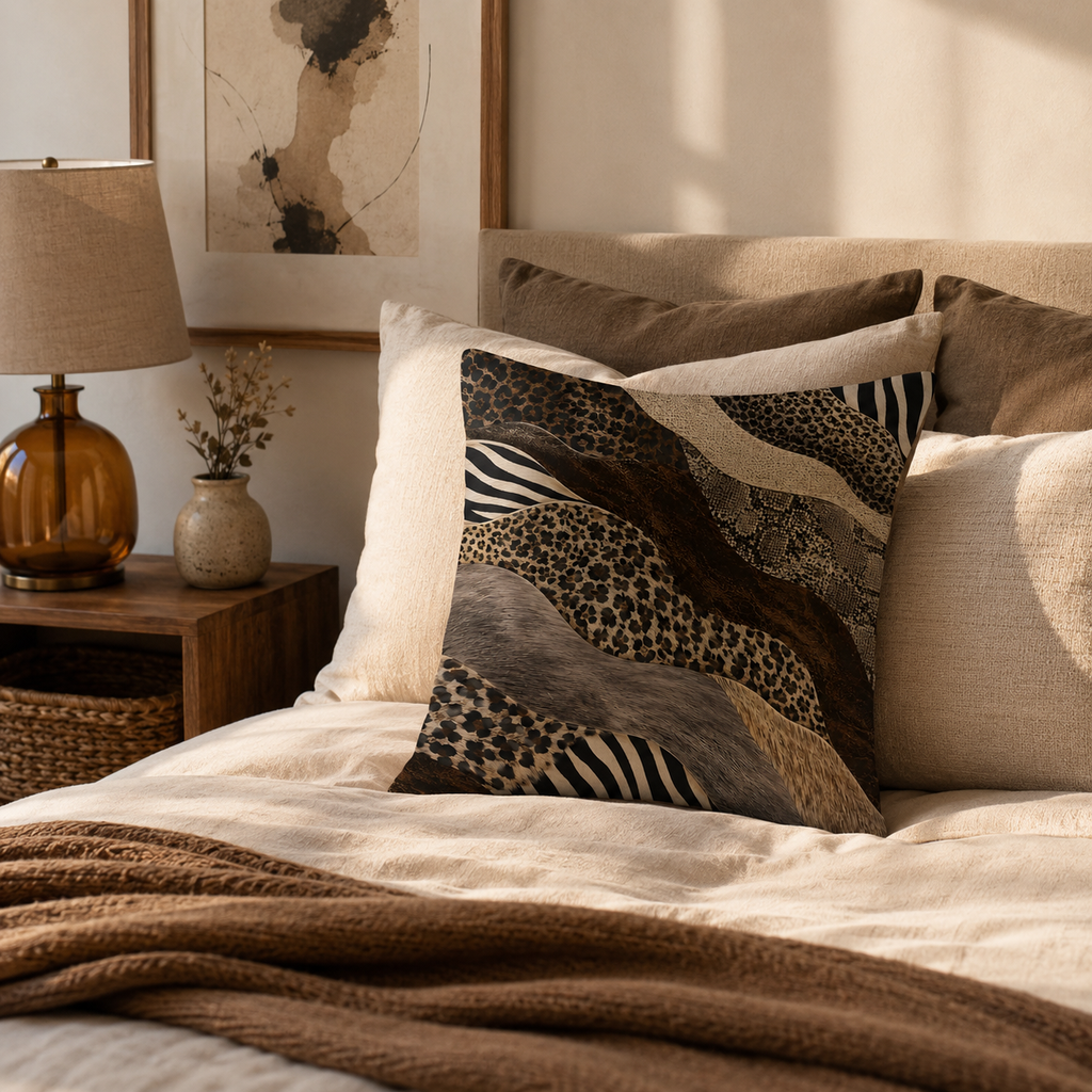Exotic patchwork animal print pillow cover arranged on a bed in a warm neutrals bedroom.