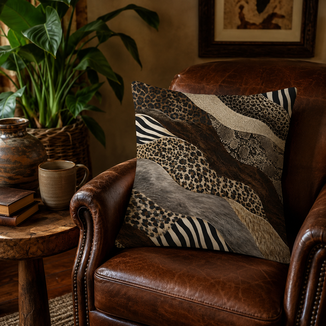 Luxury animal print decorative pillow cover styled on a vintage brown leather armchair.