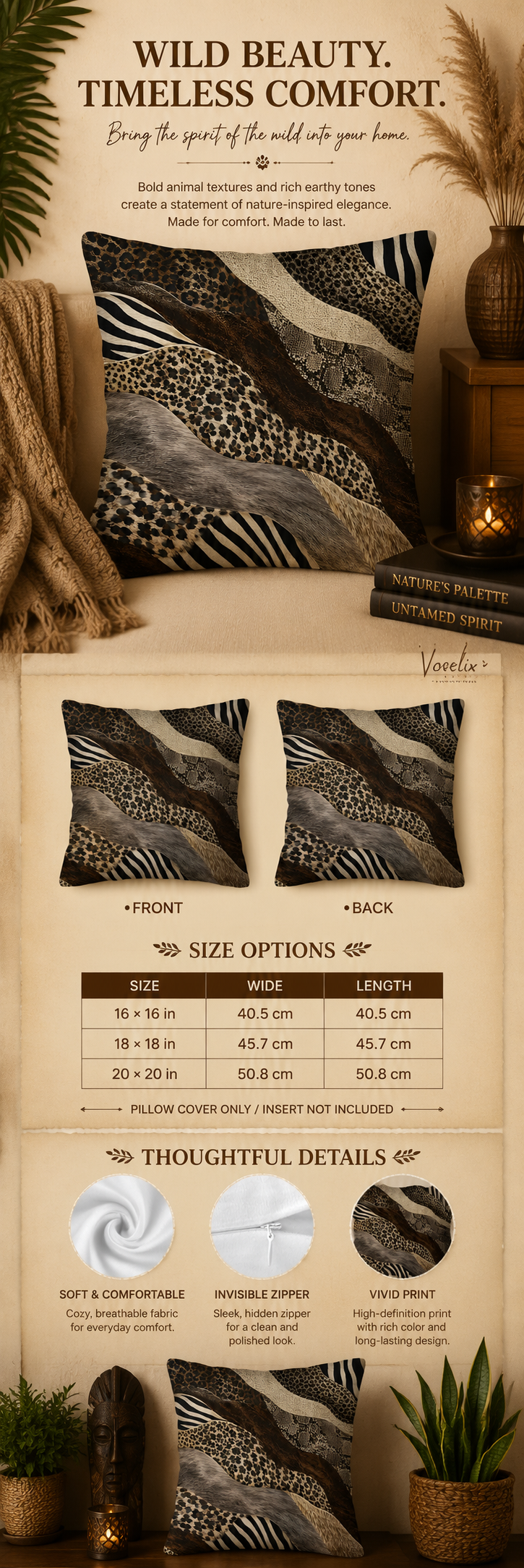Detailed infographic showcasing size options and close-up textures for the mixed animal print pillow cover.