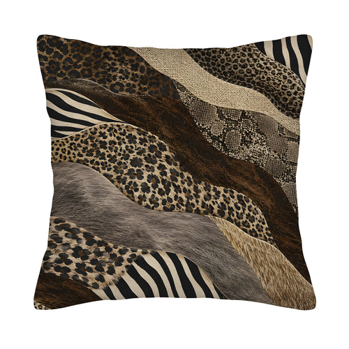 Square patchwork animal print pillow cover with leopard, zebra, and snake textures isolated on white.