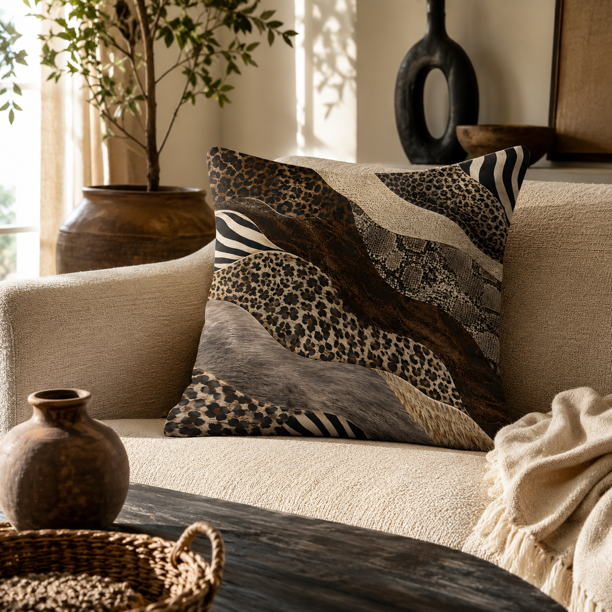 Mixed animal print pillow cover featuring leopard and zebra patterns on a cozy living room sofa.