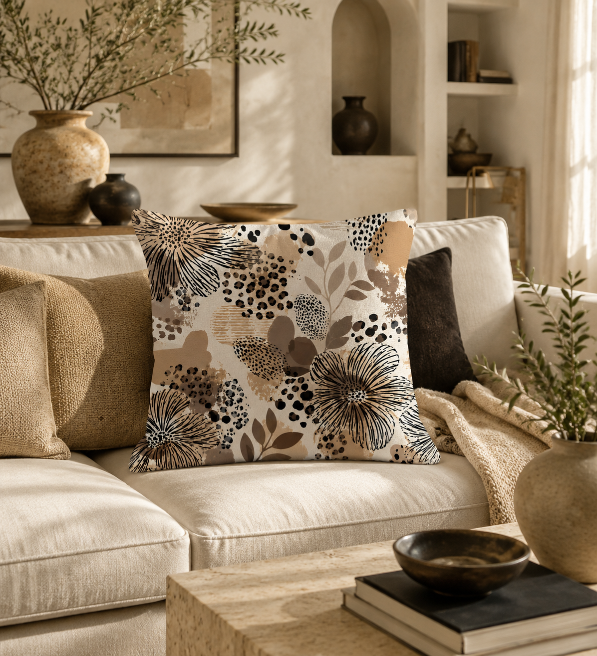 A modern abstract leopard and floral print decorative throw pillow styled on a plush cream-colored fabric sofa, surrounded by earthy ceramic vases, a rustic travertine coffee table, and warm sunlight.