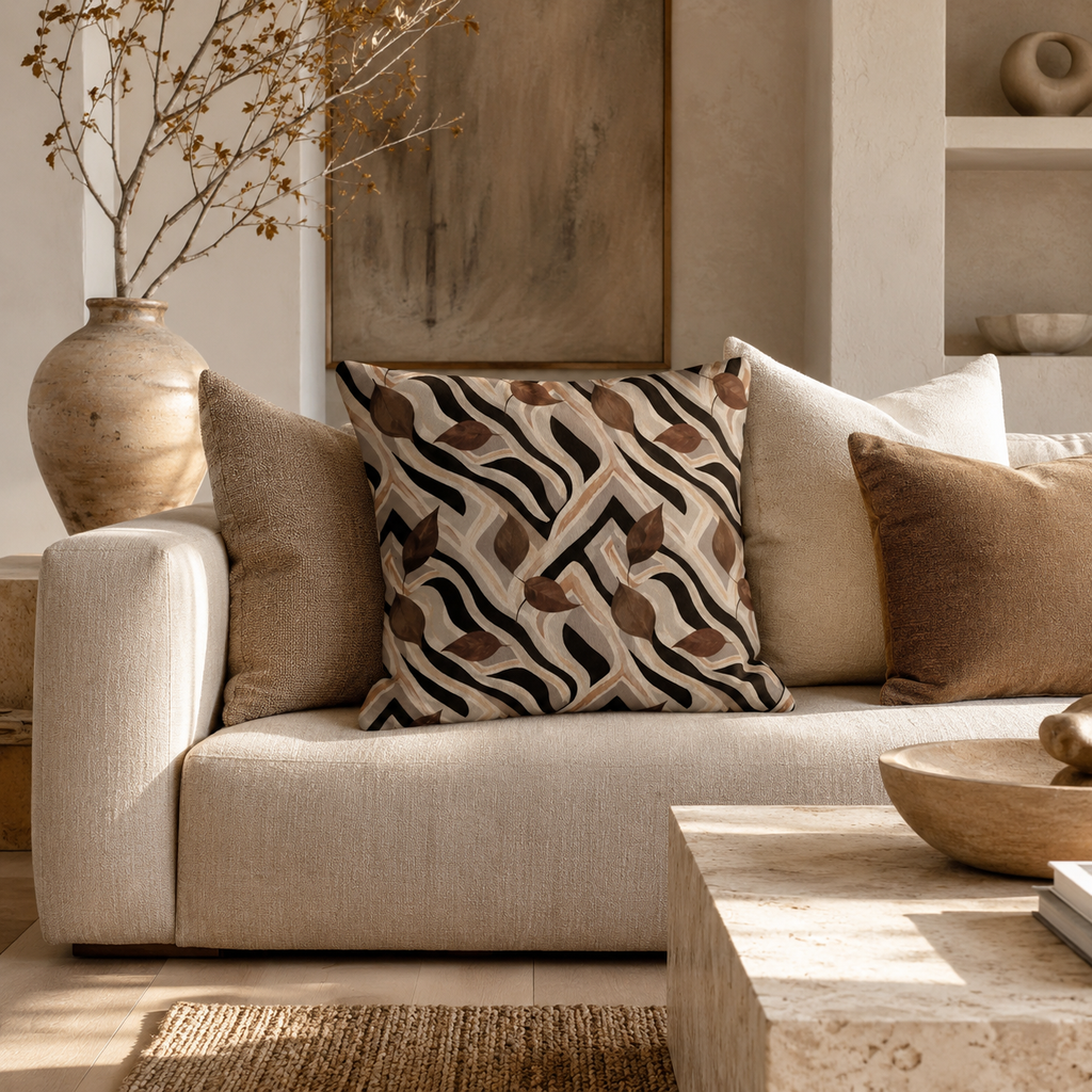 A modern abstract zebra stripe and autumn leaf print decorative throw pillow styled on a plush cream-colored fabric sofa, surrounded by ceramic pottery, textured cushions, and warm sunlight.