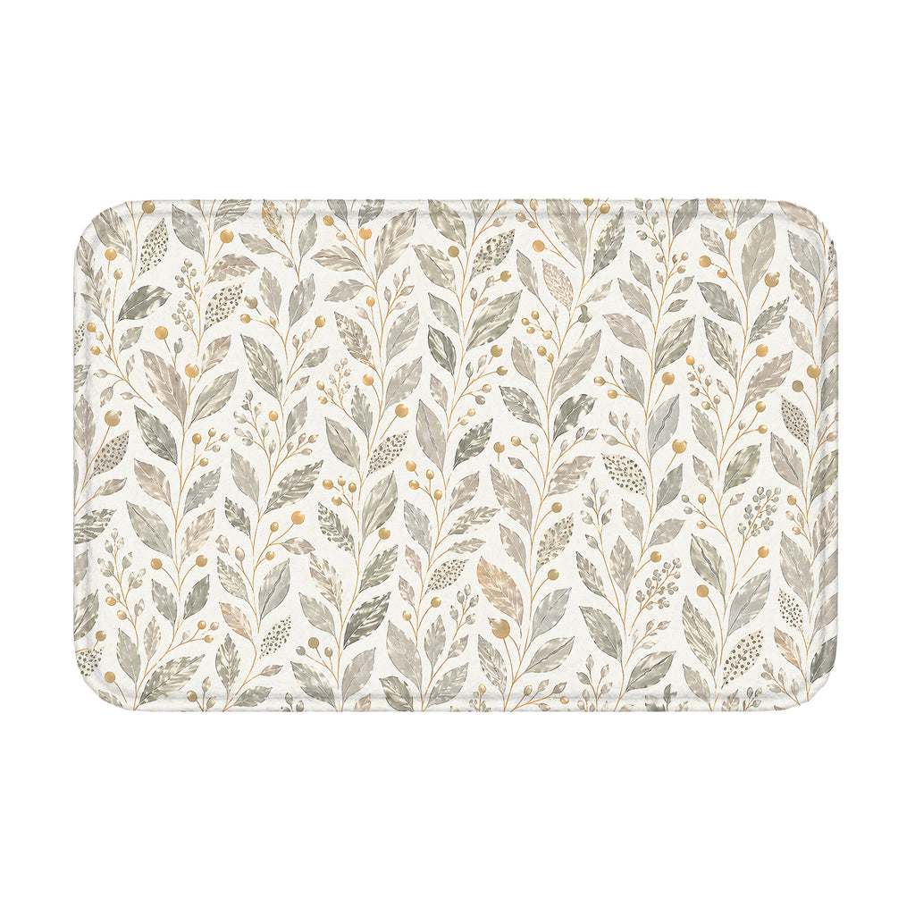 A rectangular modern botanical doormat featuring a seamless pattern of soft grey and green leaves with golden berries on a clean white background.