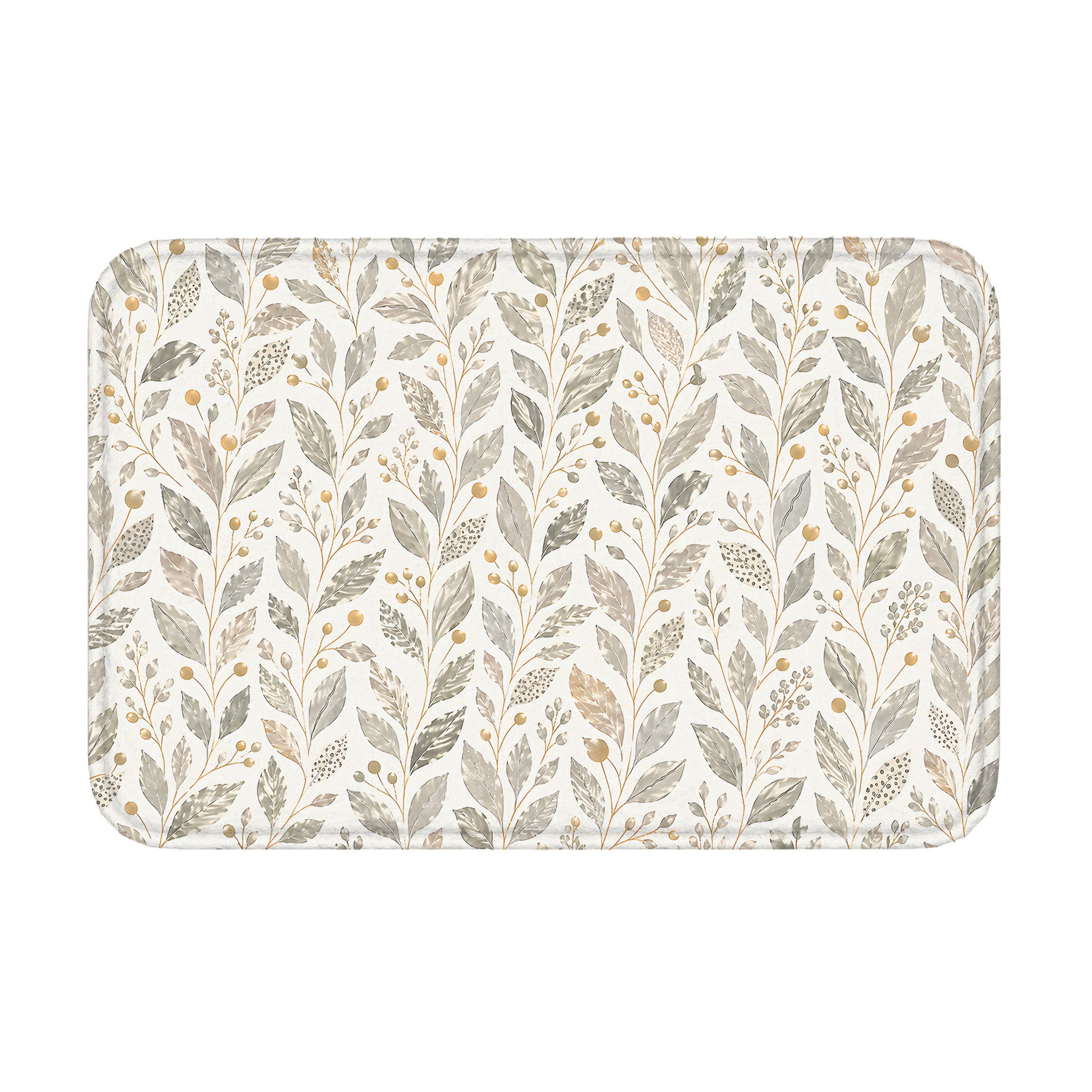 A rectangular modern botanical doormat featuring a seamless pattern of soft grey and green leaves with golden berries on a clean white background.