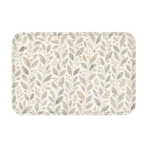 A rectangular modern botanical doormat featuring a seamless pattern of soft grey and green leaves with golden berries on a clean white background.