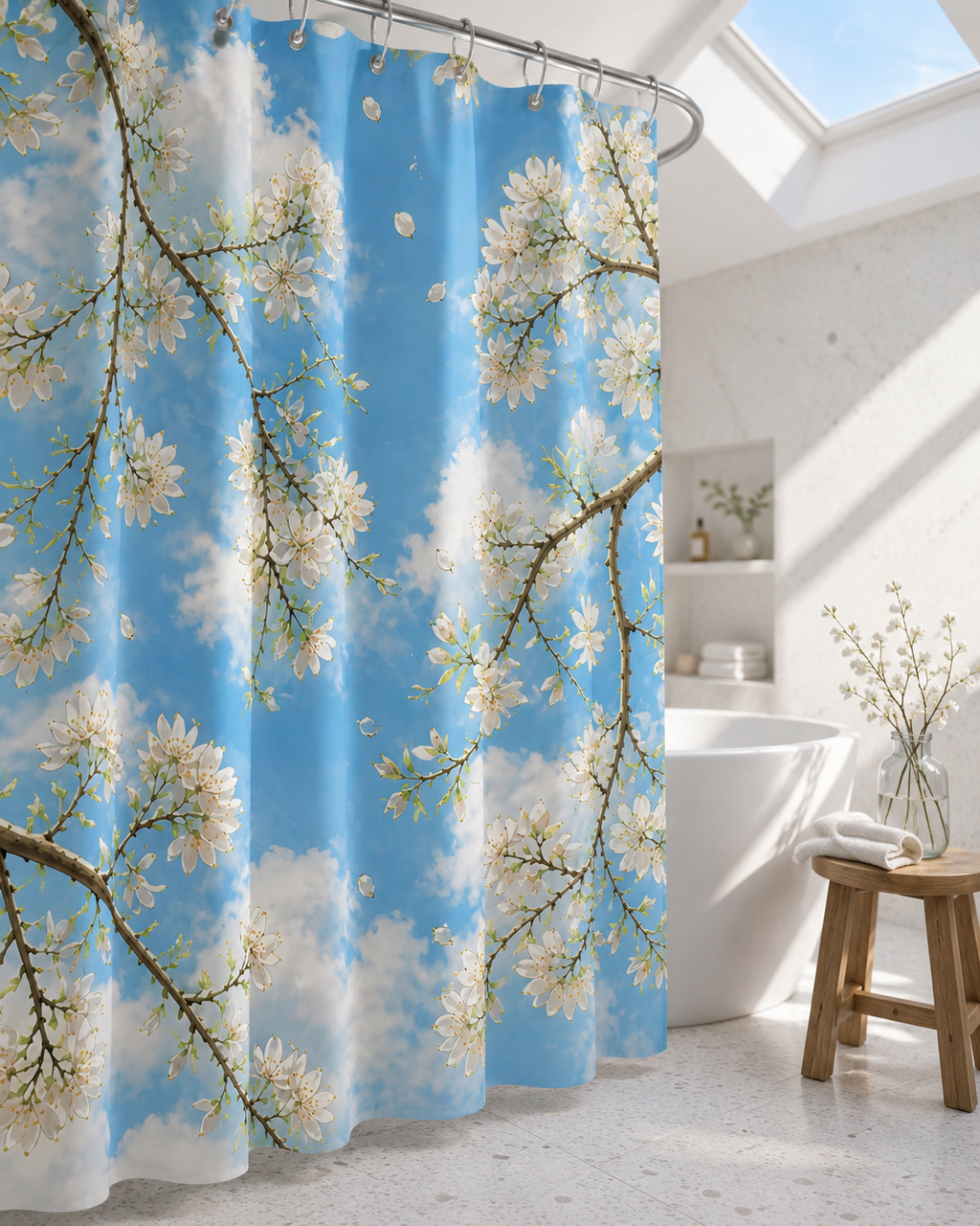 Bright, minimalistic bathroom filled with natural sunlight from a skylight, featuring a white freestanding tub and a blue sky pattern shower curtain.