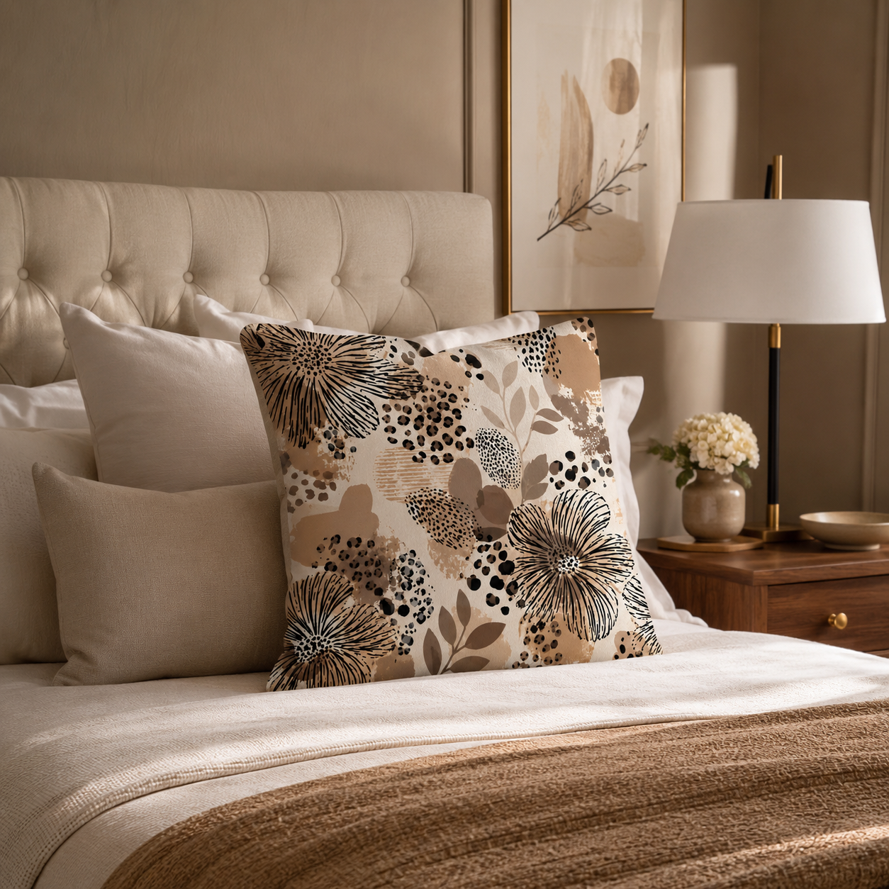 An abstract leopard and botanical print accent pillow showcased on a cozy bed with a classic beige tufted headboard, soft neutral linens, and a warm wooden bedside table.