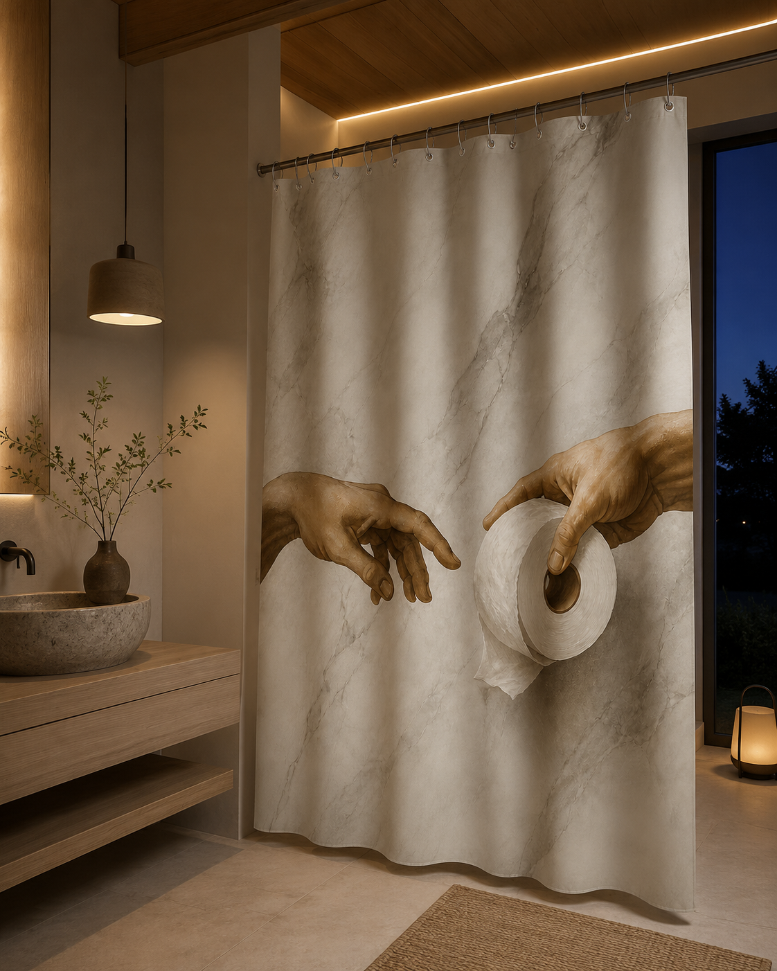 Modern minimalistic bathroom with warm ambient lighting, a stone vessel sink on a floating wooden counter, and a humorous Creation of Adam shower curtain.