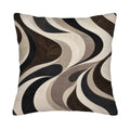 A square decorative throw pillow cover isolated on a pure white background, featuring a modern retro fluid design with swirling wavy lines in black, charcoal, cream, and taupe with embossed leaf textures.