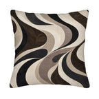 A square decorative throw pillow cover isolated on a pure white background, featuring a modern retro fluid design with swirling wavy lines in black, charcoal, cream, and taupe with embossed leaf textures.